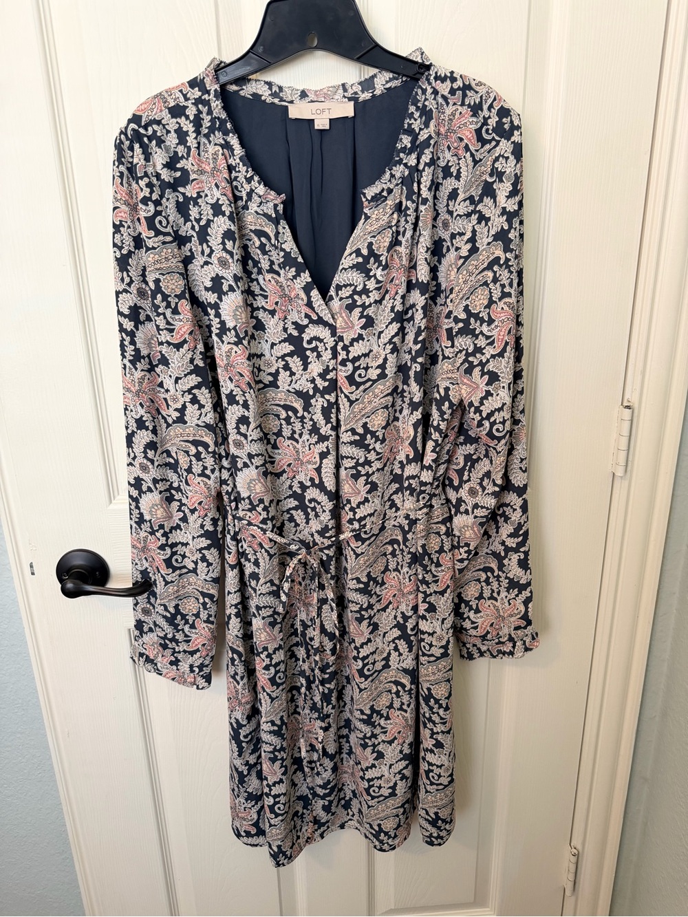 LOFT Navy Paisley Tie-Waist Long Sleeve Dress with Pink and Cream Accents